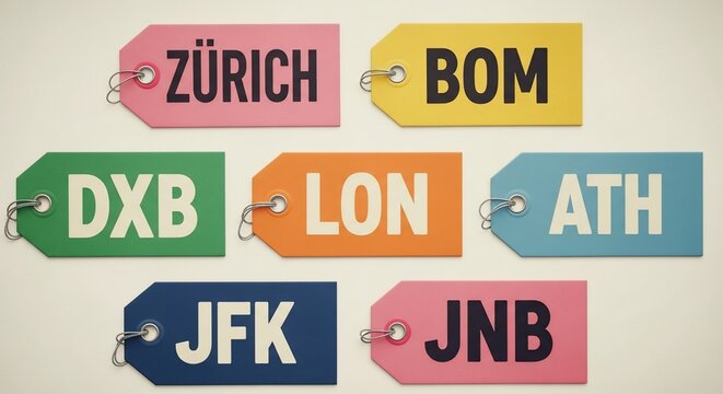 Colorful luggage tags with airport codes and city names like Z&Uuml;RICH, BOM, DXB, LON, ATH, JFK, JNB, representing global travel destinations and international journeys on a light background.