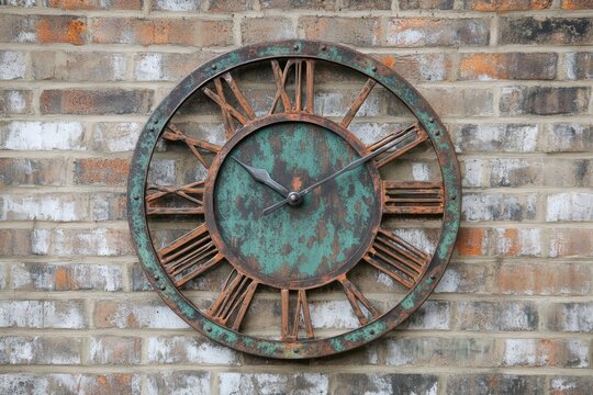 Large vintage wall clock on brick wall