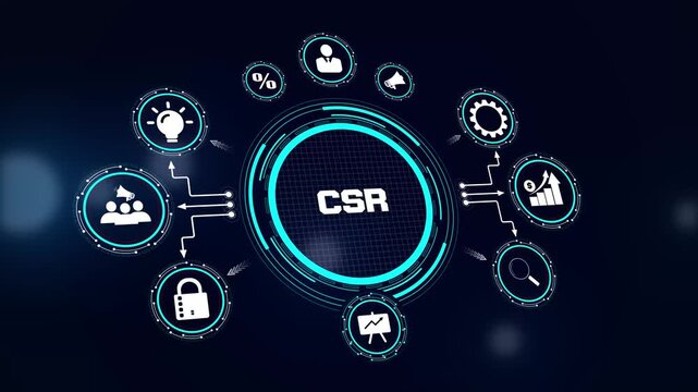Corporate social responsibility csr hud animation showing ethical business and sustainability icons for company report videos