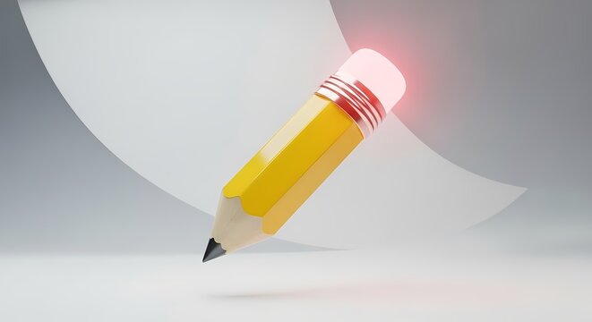 Yellow pencil with glowing eraser and paper sheet | writing & design