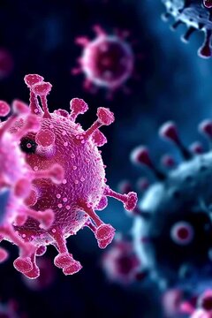Detailed 3d rendering of pathogenic coronavirus cells, known as sars cov 2, floating and moving in a microscopic environment, representing a dangerous pandemic and infectious disease