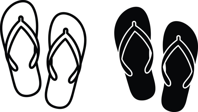Summer flip flops icon collection, beach sandals line art and black silhouettes, tropical footwear vector illustration isolated for design