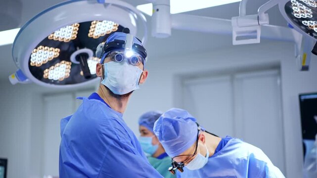 Modern surgery room with neurosurgery in progress. Approaching the male doctor wearing surgical loupes looking at the monitors.