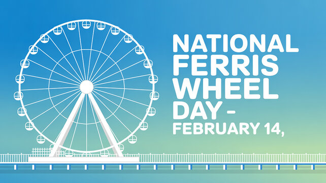 National Ferris Wheel Day celebration on February 14 with a grand white observation wheel against a clear blue and green sky perfect for the festive o