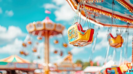 Obraz premium Close-up of a colorful carnival swing ride seat suspended in the air, with blurred amusement park attractions in the background on a sunny day