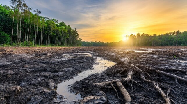 Devastated forest landscape with polluted muddy ground and exposed roots during a dramatic sunset, representing environmental impact and loss.