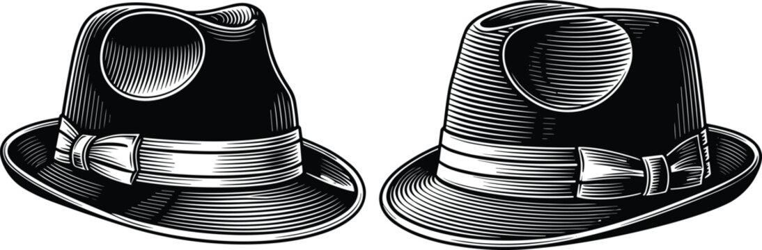 Vintage fedora hats with ribbons, classic gentleman headwear, retro fashion accessory, stylish gangster hat vector illustration, woodcut style.