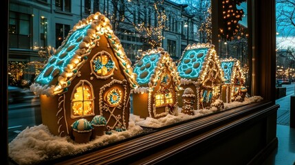 Fototapeta premium Festive Gingerbread Houses Illuminated by Holiday Lights in a Winter Display