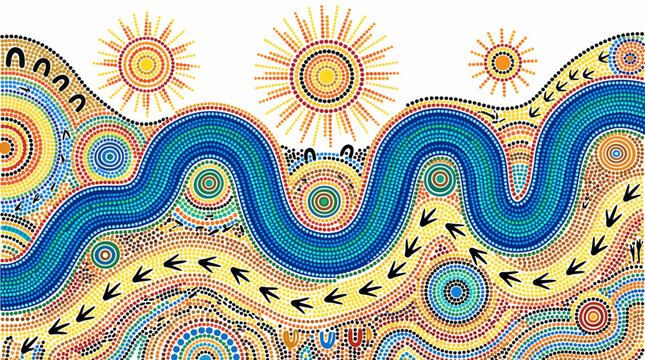 Vibrant dot painting of Australian Aboriginal inspired landscape with suns and river