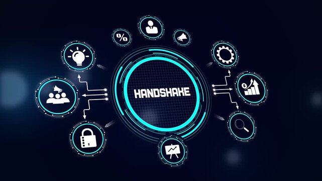 Modern handshake hud animation showing trusted deal icons for commercial negotiation, merger projects, and strategic alliance planning