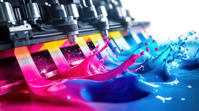 Dynamic Inkjet Printing Process with Vibrant Color Splashes and Gradients in Action