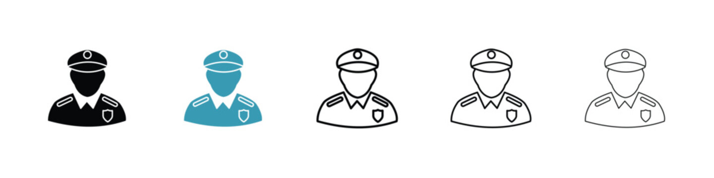 Police icon in line art style on white background for graphic and web design.