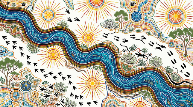 Vibrant dot painted landscape with river, suns, trees, and wildlife in australian style