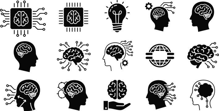 Artificial intelligence and human brain icons, digital technology symbols for machine learning and neural networks isolated on white background.