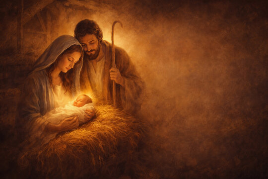 Tender depiction of the Holy Family with baby in a manger, surrounded by warm golden light, symbolizing love, faith, and the spirit of Christmas.