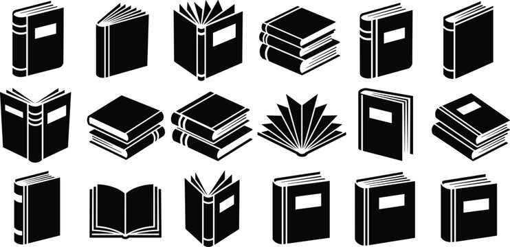 Book icon collection with open and closed covers, black silhouette literature symbols for library and education isolated on white background.