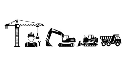 Heavy Construction Equipment and Worker Silhouette Icons on Isolated White Background © Suhadi