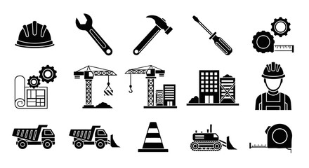 Construction and Industrial Tools with Heavy Machinery Silhouette Icons on Isolated White Background © Suhadi