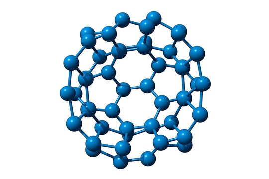 Three-dimensional molecular structure of a blue colored buckminsterfullerene molecule.