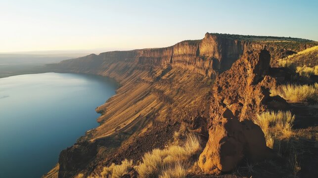 Golden Hour Illuminates Majestic Cliffside Overlooking a Serene Lake Vista