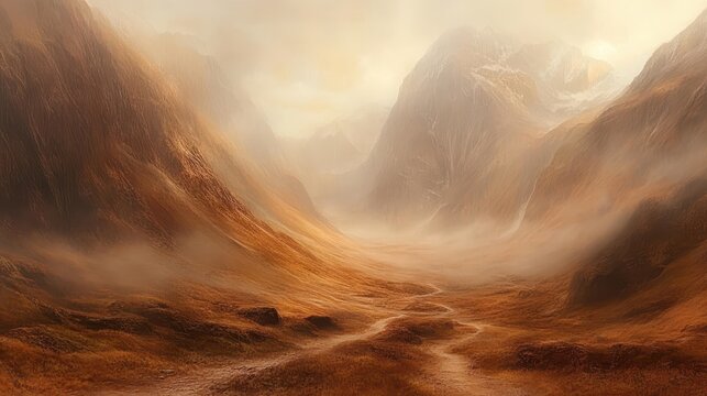 Misty mountain valley at dawn with a winding path creating a serene and atmospheric landscape