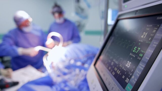 Side view on the screen of lung ventilator with life parameters. Team of surgeons carry out operation in the blurred backdrop.