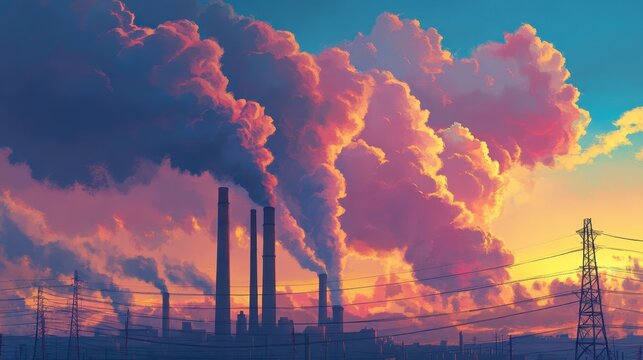 Industrial smokestacks belching vibrant pollution into a dramatic, colorful sky at sunset