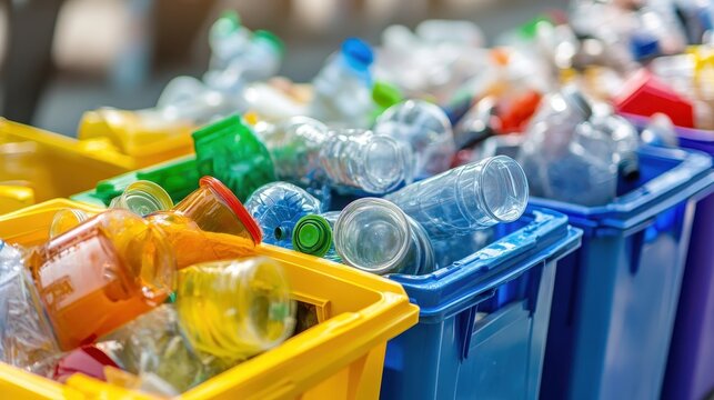 Overflowing recycling bins filled with mixed plastic bottles and waste outside a shopping plaza