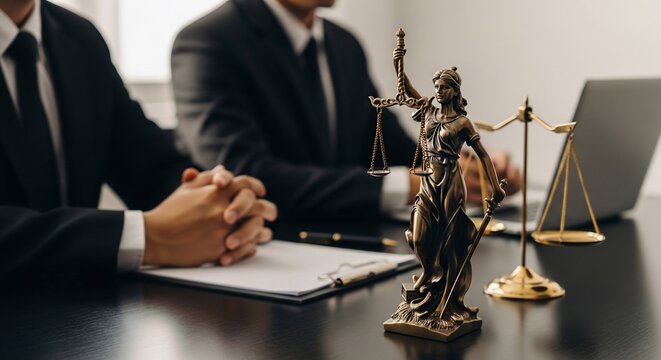 Close-up of a bronze Lady Justice statue on a dark desk with two male lawyers in suits working in the background, representing legal consultation and justice.