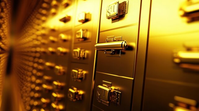 Rows of gleaming golden safe deposit boxes in a secure vault, representing financial wealth and security.