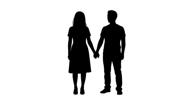 Silhouette of a couple holding hands standing side by side facing forward in unison on white background looking ahead