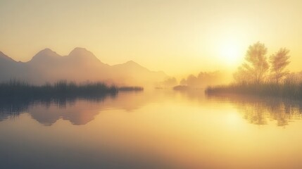 Obraz premium Majestic mountains and a serene river reflecting golden sunset light across a tranquil valley landscape.