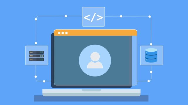 Animated flat illustration of a laptop displaying cloud database dashboard with server, storage, and user interface on a clean minimal background.