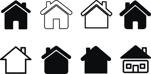 Obraz premium Solid silhouette vector icons set of houses, home page symbols, real estate property, residential building shapes, and architecture outlines,