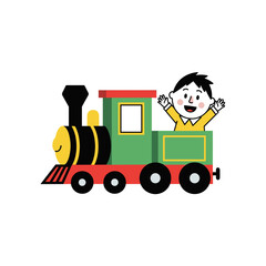 Naklejka premium Happy child waving from colorful toy train in cartoon style 