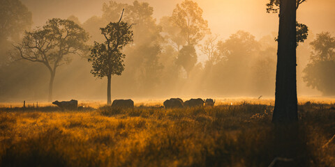 Fototapeta premium Sunset countryside landscape with rural field and small house peaceful nature golden light misty morning calm environment hope tranquility scenic farmland outdoor lifestyle