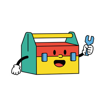 Cartoon toolbox character holding a wrench and smiling brightly  