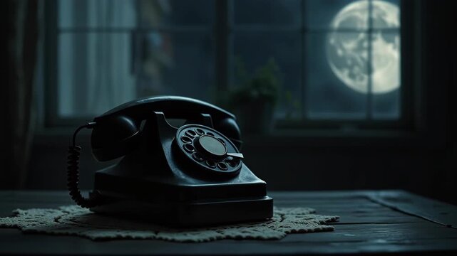 Vintage rotary phone sits on lace doily at night. Full moon shines through window casting eerie glow. Old communication device on table in dark room. 
