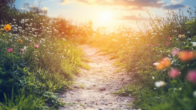 Sunlit dirt path winding through a vibrant meadow of wildflowers on a bright clear day.