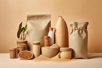 Fototapeta premium Sustainable packaging and natural products displayed on a beige background celebrating eco consciousness