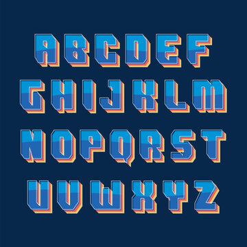 A stylized alphabet display with blue and orange letters on a dark blue background