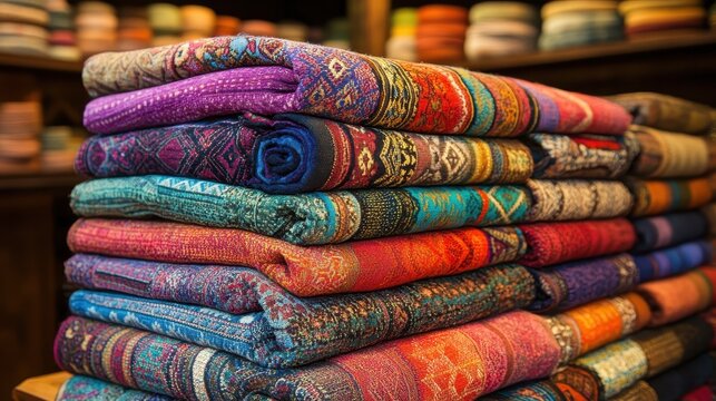 Stack of richly patterned, colorful woven textiles with intricate designs, suggesting a vibrant artisan market or fabric shop.