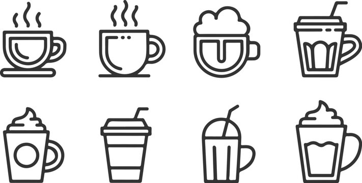 Variety of coffee and beverage icons in line art, featuring steaming cups, latte art, and takeaway drinks for cafes and menus.