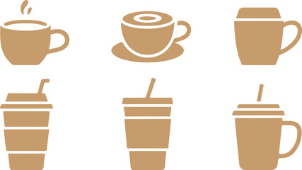 Set of outlined brown coffee cups and mugs, showcasing hot drinks with steam, travel containers, and classic mugs in a simple design style.
