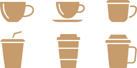 Set of brown coffee cups and mugs icons, representing hot beverages, travel cups, and classic mugs for cafe and beverage themes.