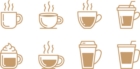 Set of minimalist brown line art icons of coffee cups, mugs, and travel cups, featuring hot beverages and steam for cafe themes. © Mohammod Foysal SSF.