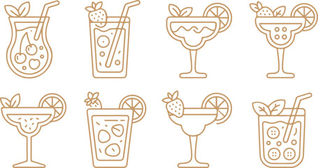 Fototapeta premium Set of outline cocktail and drink icons in beige color, showcasing glasses with fruits and ice, ideal for summer party menus and refreshing beverage designs, vector graphics