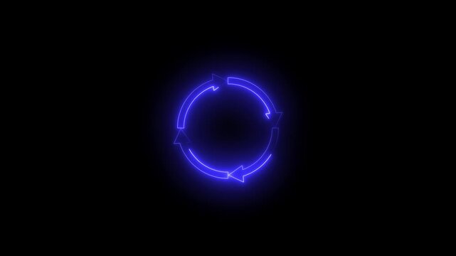 Neon circle arrows bright orange color animation. simple round circle recycle animation. Black background 4k video.