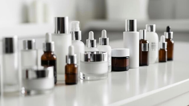 Row of luxury white cosmetic bottles and jars on a clean surface in a bright studio, product photography, beauty branding, skincare collection