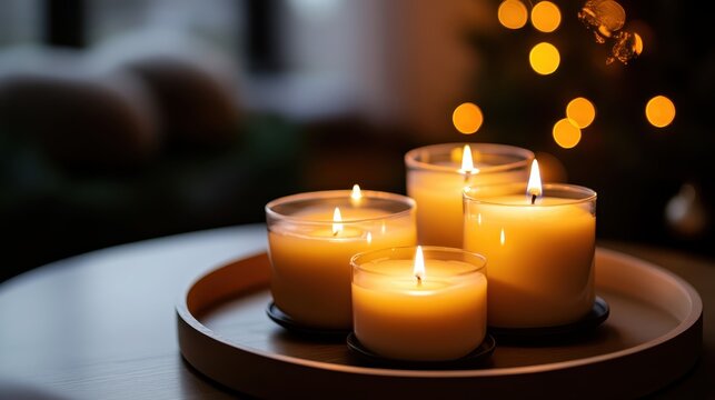 Warm Christmas Candles Casting a Soft Glow on Holiday Decorations with a Cozy Ambiance